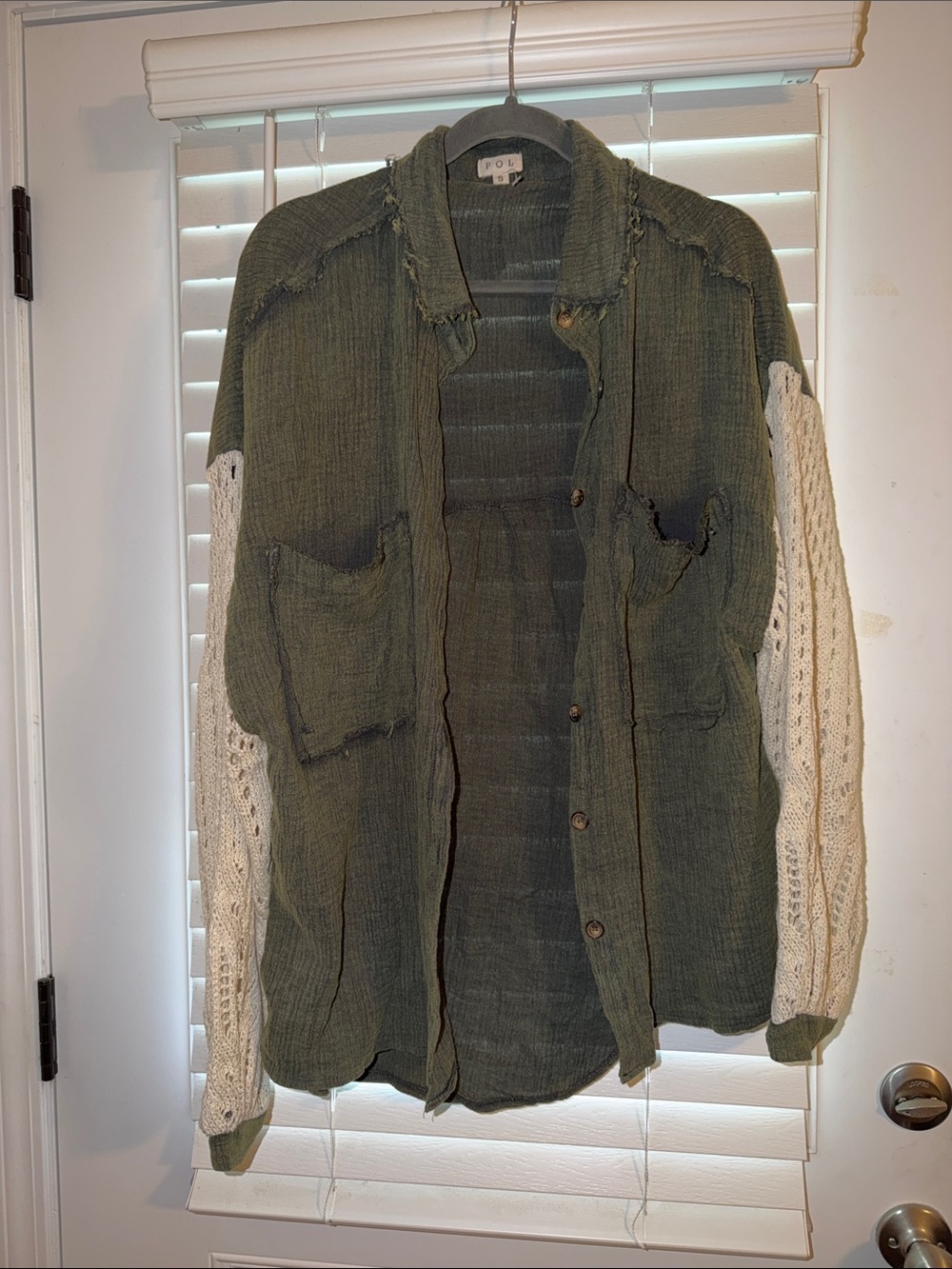 POL Olive Green button shirt Cream Knit Sleeves